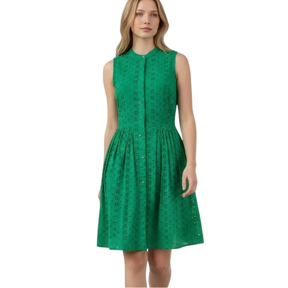 J.Crew Eyelet Fit & Flare Dress Kelly Green Wedding Guest Resort Knee Length XS - Picture 1 of 10